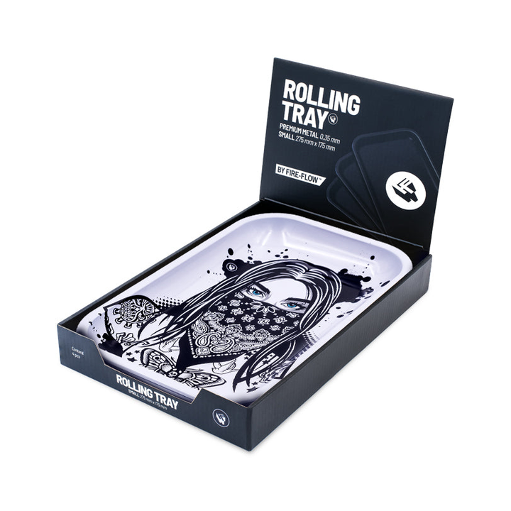 FireFlow Rolling Tray Tattoo Girl in geöffneter schwarzer Display-Box