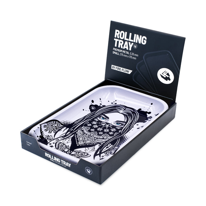 FireFlow Rolling Tray Tattoo Girl in geöffneter schwarzer Display-Box
