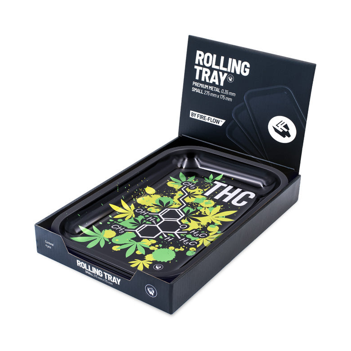 Display mit 4 FireFlow Rolling Trays THC Molecule in schwarzer Verpackung