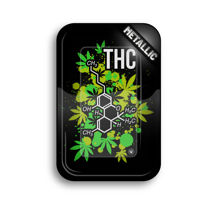 FireFlow Rolling Tray mit weisser THC Strukturformel und grünen Blättern