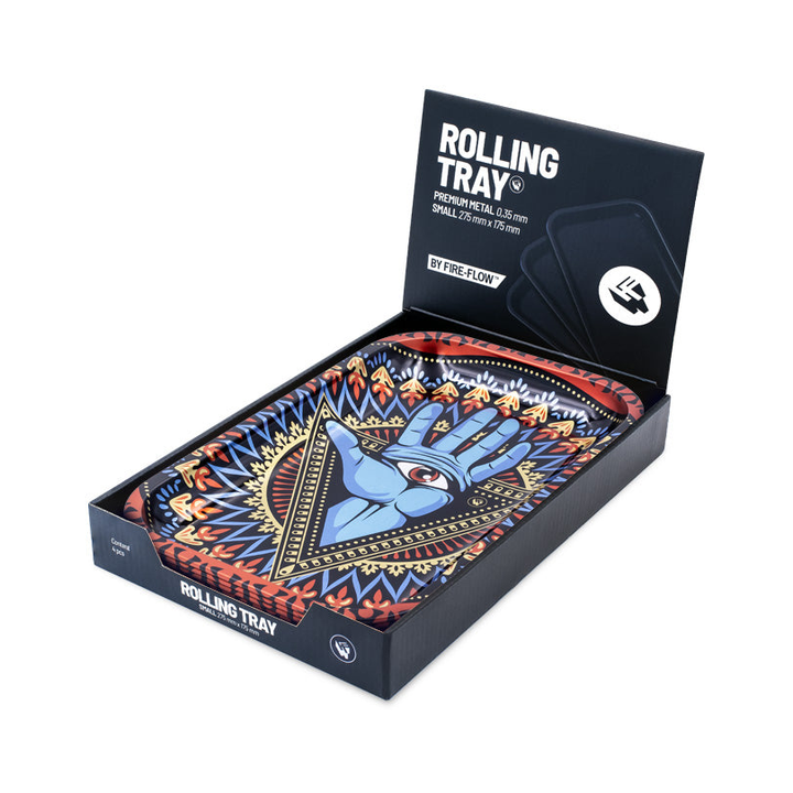 Trippy 3rd Eye Metallschale in geöffneter FireFlow Rolling Tray Displaybox