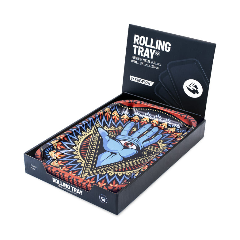 Trippy 3rd Eye Metallschale in geöffneter FireFlow Rolling Tray Displaybox