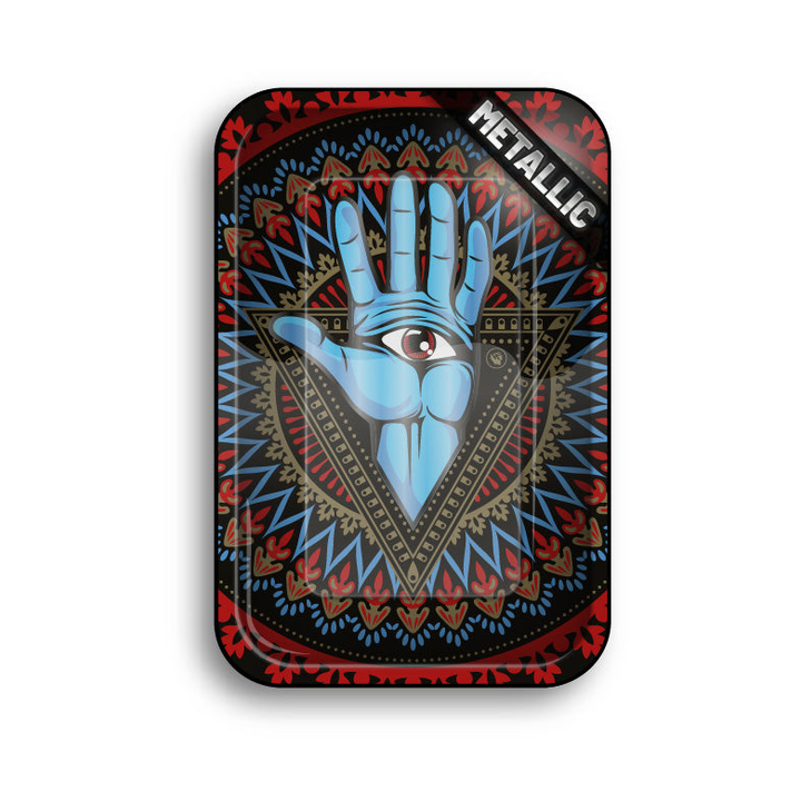 FireFlow Rolling Tray mit blauer Hand und Auge auf rot-blauem Mandala-Muster