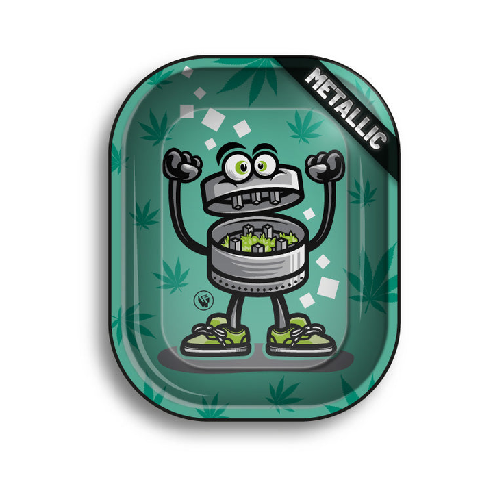 FireFlow Rolling Tray 420 Character mit Comic-Grinder-Figur auf grünem Hanfblatt-Muster