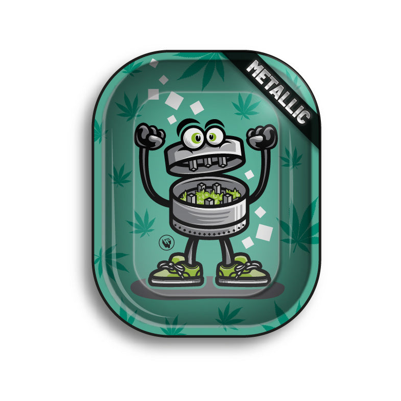 FireFlow Rolling Tray 420 Character mit Comic-Grinder-Figur auf grünem Hanfblatt-Muster