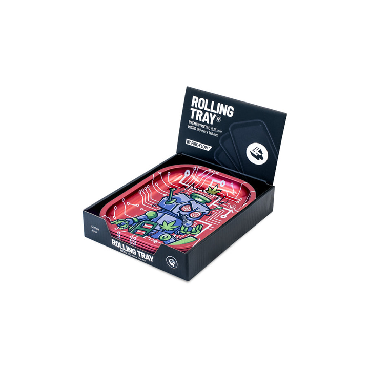 FireFlow Rolling Tray 420 Robot rot in geöffneter schwarzer Verpackungsbox