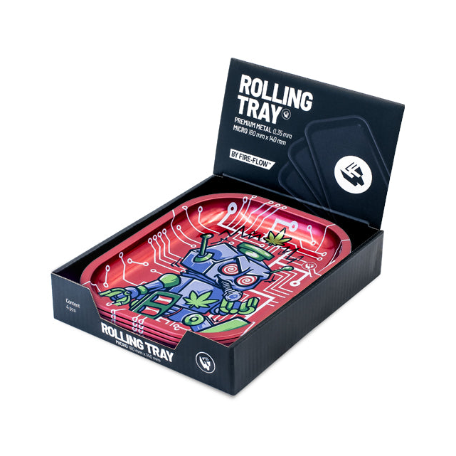 FireFlow Rolling Tray 420 Robot rot in geöffneter schwarzer Verpackungsbox