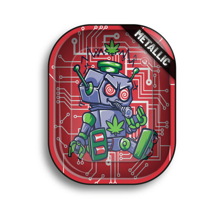 FireFlow Rolling Tray 420 Robot rot mit Roboter-Motiv auf Platinen-Design in Metallic-Ausführung
