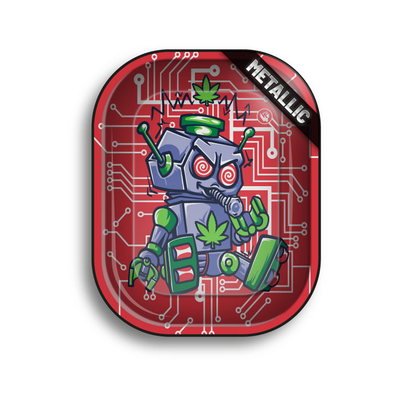FireFlow Rolling Tray 420 Robot rot mit Roboter-Motiv auf Platinen-Design in Metallic-Ausführung
