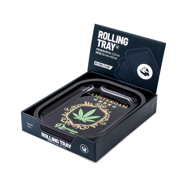 FireFlow Rolling Tray mit Amsterdam Motiv verpackt im schwarzen Display Karton