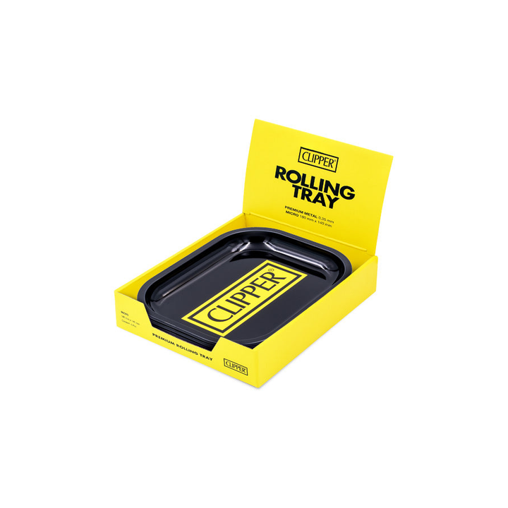 Gelbes Clipper Display geöffnet mit schwarzem Rolling Tray Logo Black