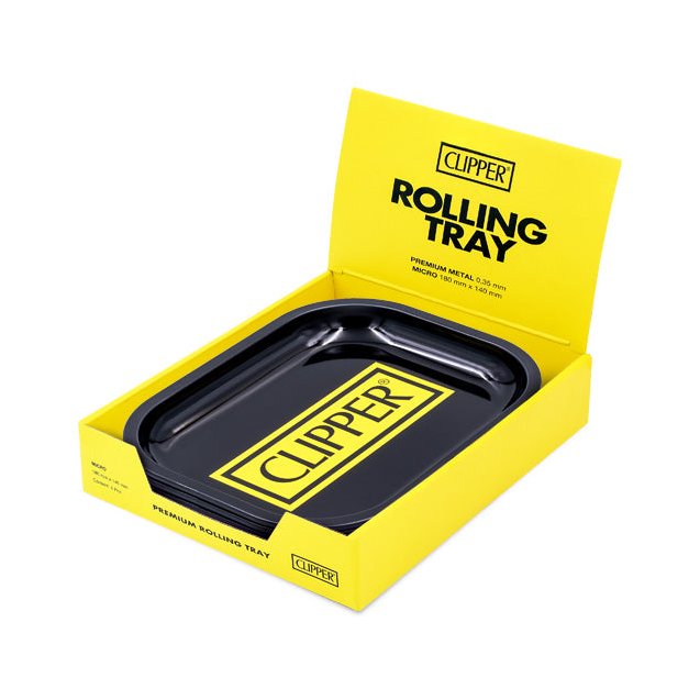 Gelbes Clipper Display geöffnet mit schwarzem Rolling Tray Logo Black