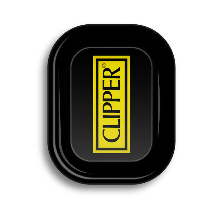 Schwarzes Rolling Tray mit gelbem Clipper Logo in der Mitte, Draufsicht