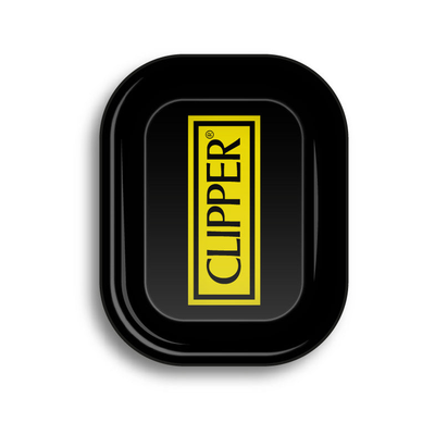 Schwarzes Rolling Tray mit gelbem Clipper Logo in der Mitte, Draufsicht