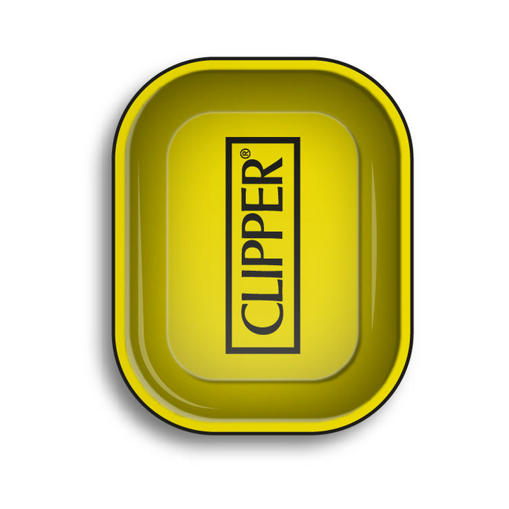 Gelbe FireFlow Rolling Tray S mit schwarzem Clipper Logo in der Draufsicht