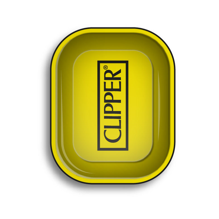 Gelbe FireFlow Rolling Tray S mit schwarzem Clipper Logo in der Draufsicht
