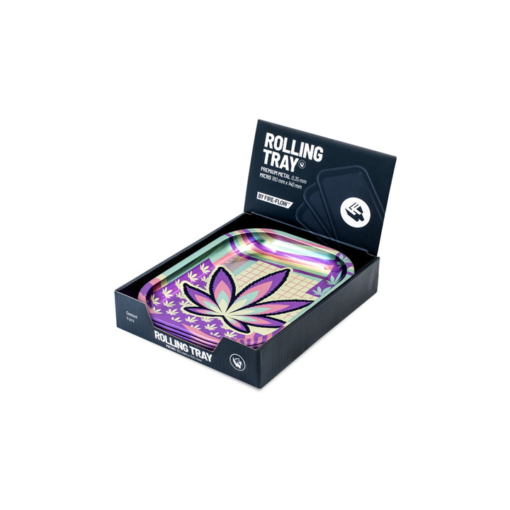 FireFlow Rolling Tray mit pastellfarbenem Hanfblatt in Display-Verpackung