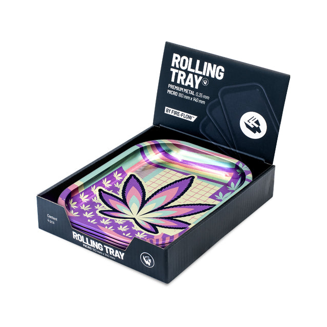 FireFlow Rolling Tray mit pastellfarbenem Hanfblatt in Display-Verpackung