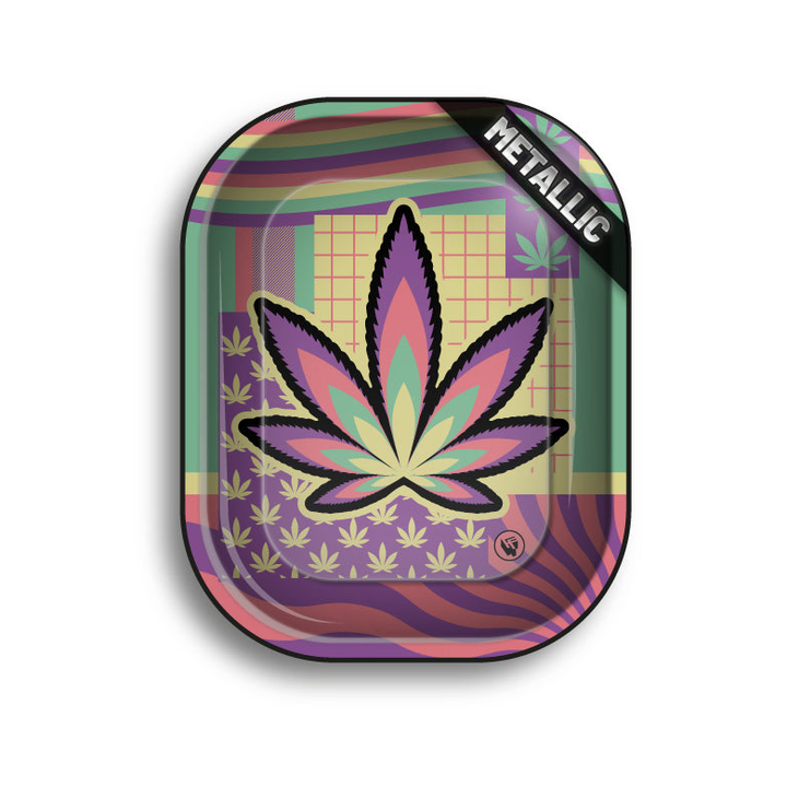 FireFlow Rolling Tray Metallic mit grossem Hanfblatt in Pastellfarben