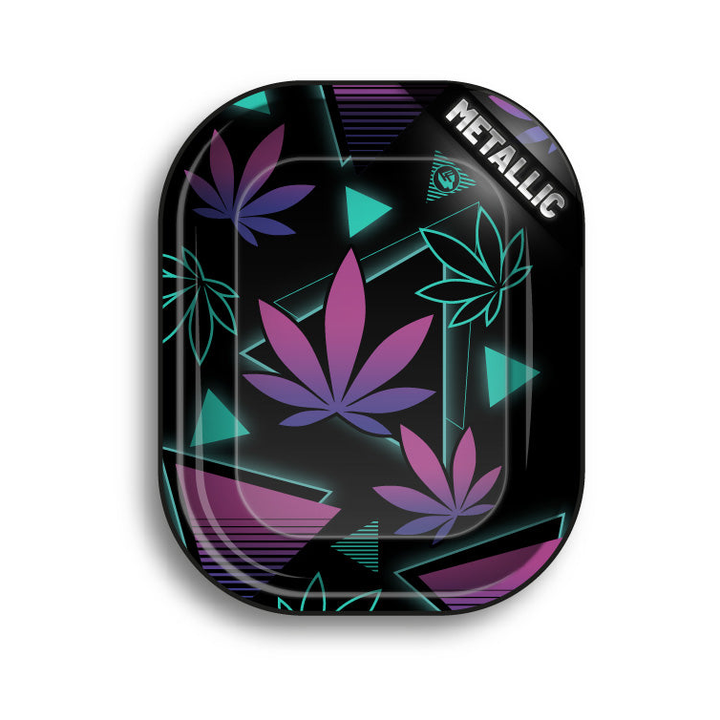 FireFlow Rolling Tray Leaves mit violetten und türkisen Hanfblättern auf Schwarz