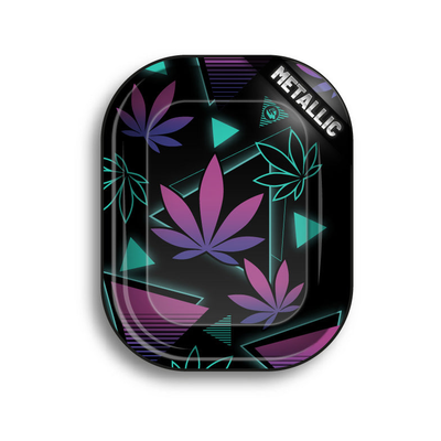 FireFlow Rolling Tray Leaves mit violetten und türkisen Hanfblättern auf Schwarz