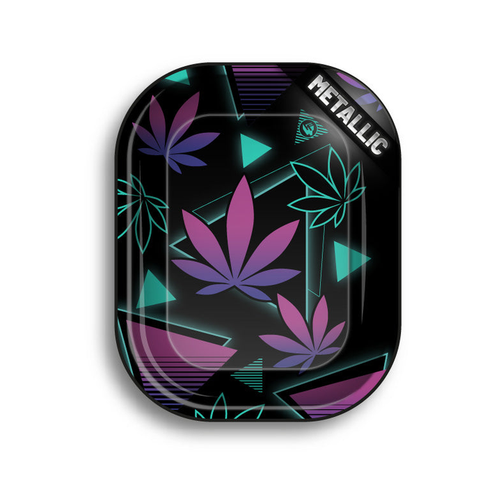 FireFlow Rolling Tray Leaves mit violetten und türkisen Hanfblättern auf Schwarz