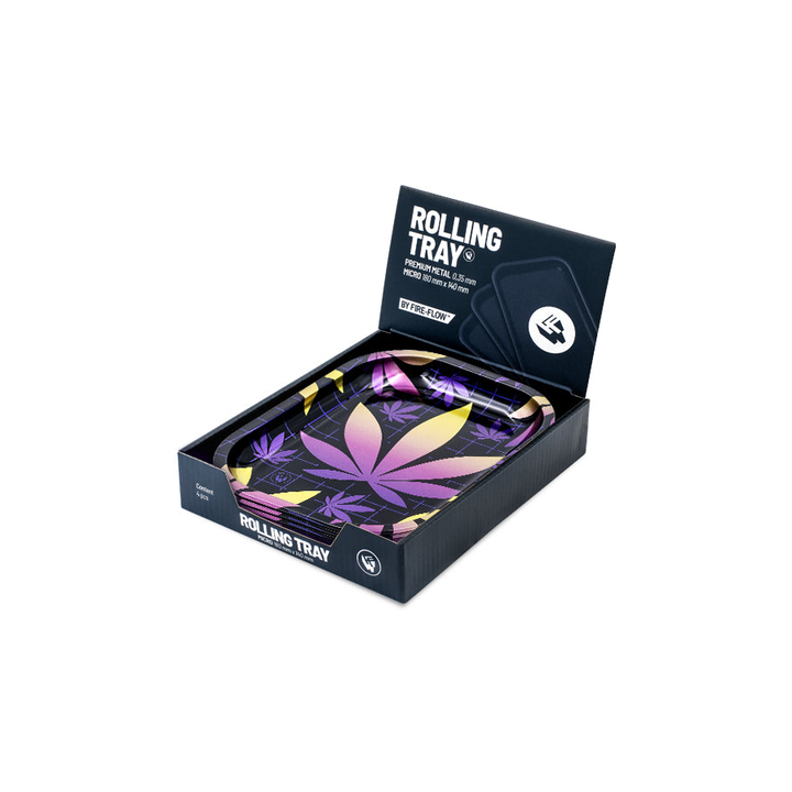 FireFlow Rolling Tray Leaves 37 in geöffneter Display-Box mit Rolling Tray Aufdruck