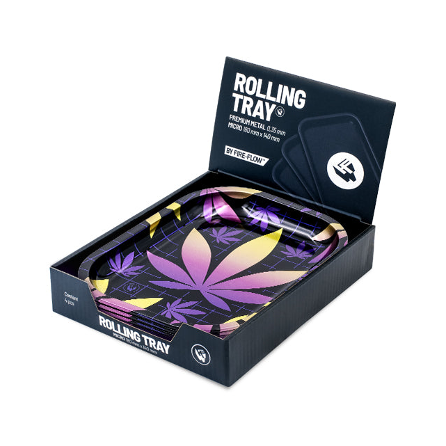 FireFlow Rolling Tray Leaves 37 in geöffneter Display-Box mit Rolling Tray Aufdruck