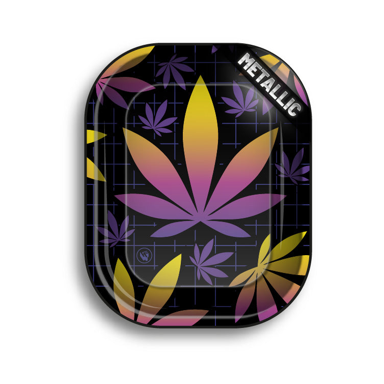 FireFlow Rolling Tray Leaves 37 schwarz mit Hanfblättern in Gelb-Violett Verlauf, Metallic