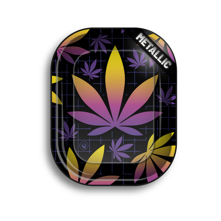 FireFlow Rolling Tray Leaves 37 schwarz mit Hanfblättern in Gelb-Violett Verlauf, Metallic