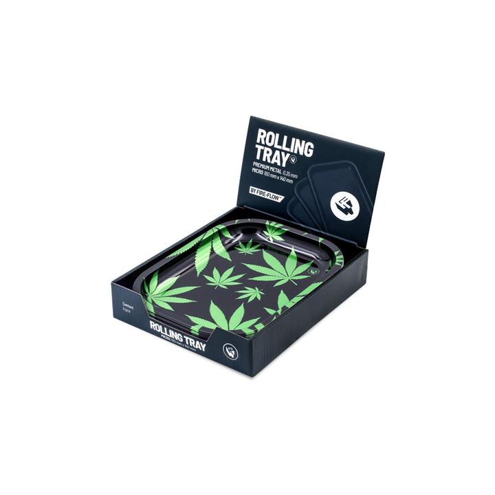 FireFlow Rolling Tray Leaves Green Metallschale im dunklen Display-Karton
