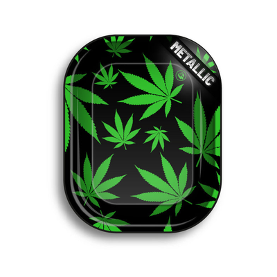 FireFlow Rolling Tray Leaves Green schwarz mit grünen Hanfblättern in Metallic-Optik