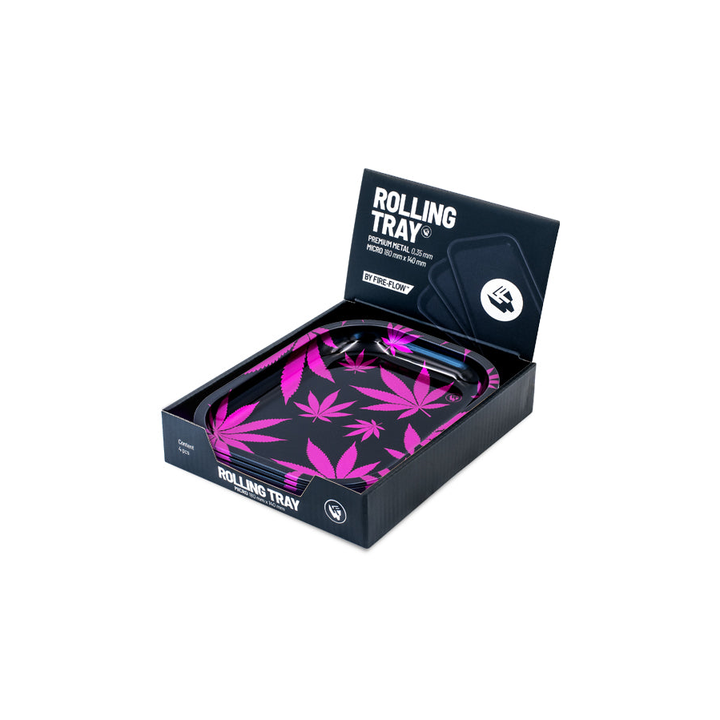 FireFlow Rolling Tray Leaves Pink in dunkler Display-Box, Ansicht geöffnet