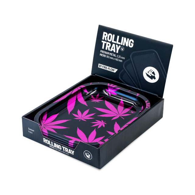 FireFlow Rolling Tray Leaves Pink in dunkler Display-Box, Ansicht geöffnet