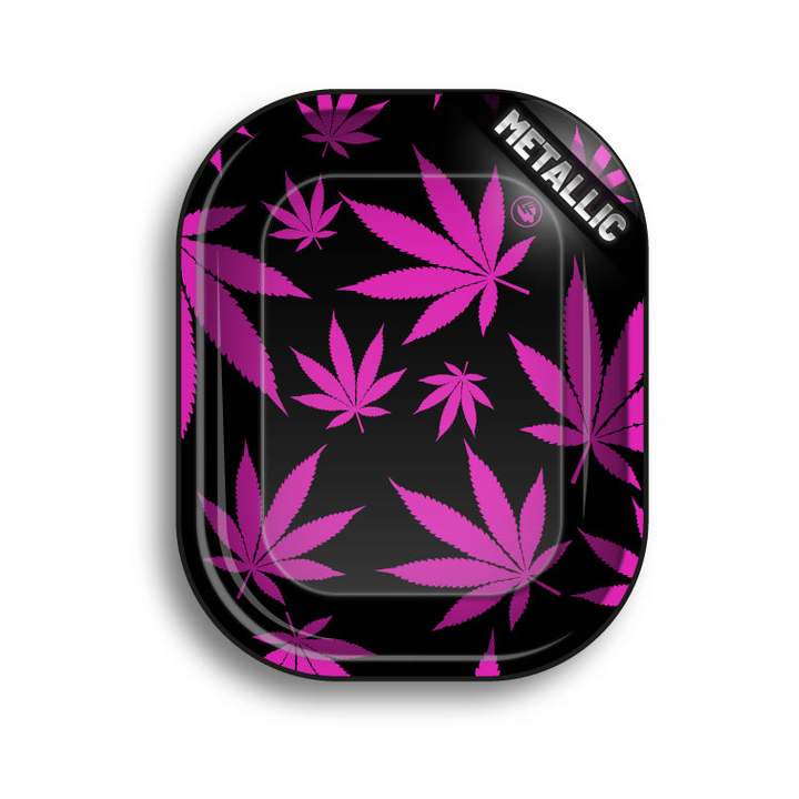 FireFlow Rolling Tray Schwarz mit pinken Hanfblättern, Metallic Draufsicht