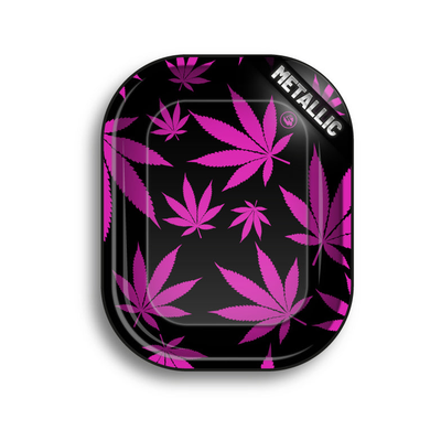 FireFlow Rolling Tray Schwarz mit pinken Hanfblättern, Metallic Draufsicht