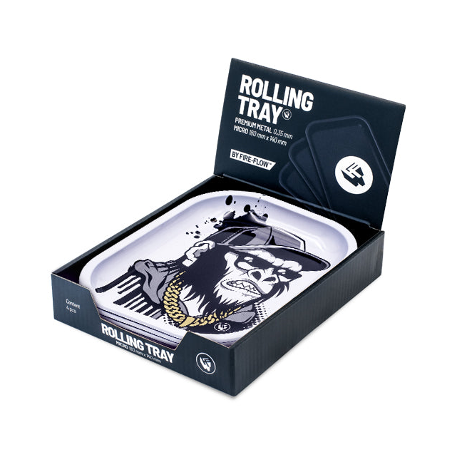 FireFlow Display geöffnet mit Rolling Tray Monkey im Schwarz-Weiss Design