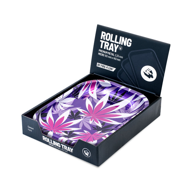 Pink Leaves Metallschale in geöffneter FireFlow Rolling Tray Displaybox