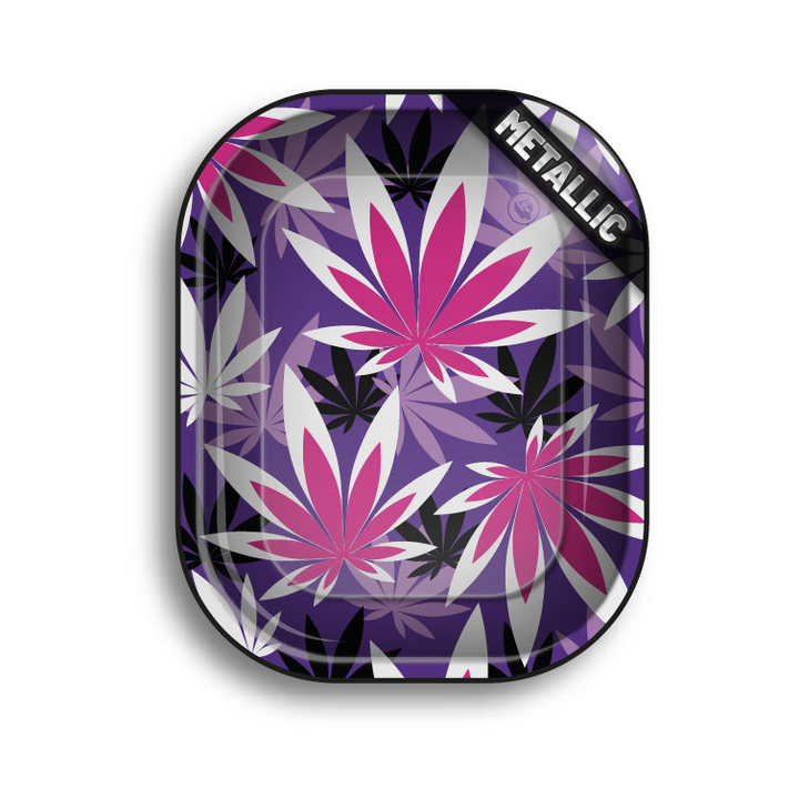 FireFlow Rolling Tray S mit pinken und weissen Hanfblättern auf violettem Grund