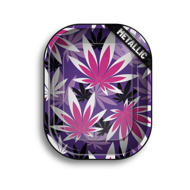 FireFlow Rolling Tray S mit pinken und weissen Hanfblättern auf violettem Grund