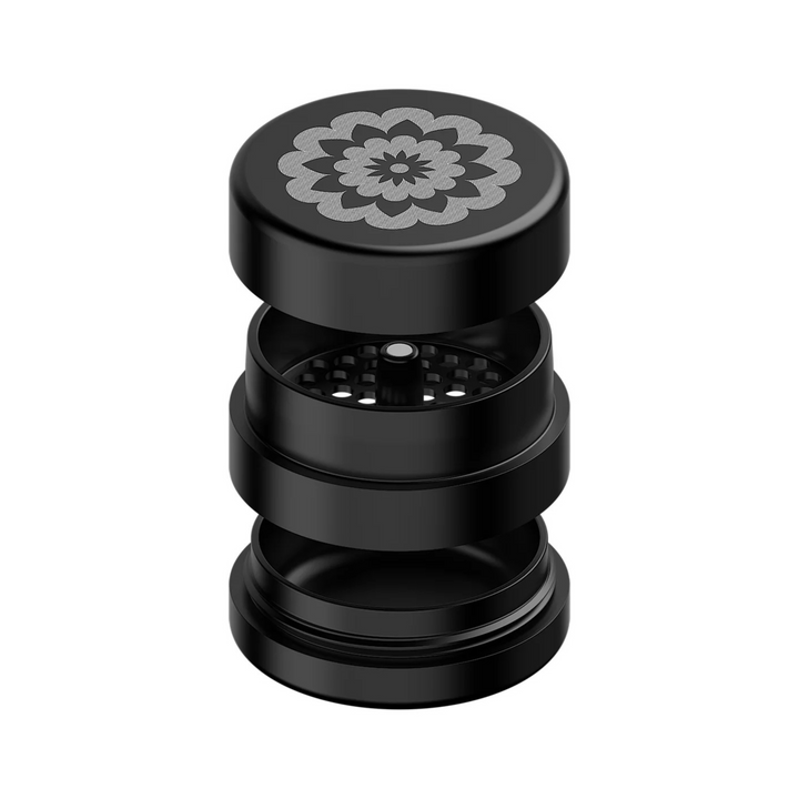 FlowerMill Grinder 64mm Schwarz alle Teile offen auseinandergelegt