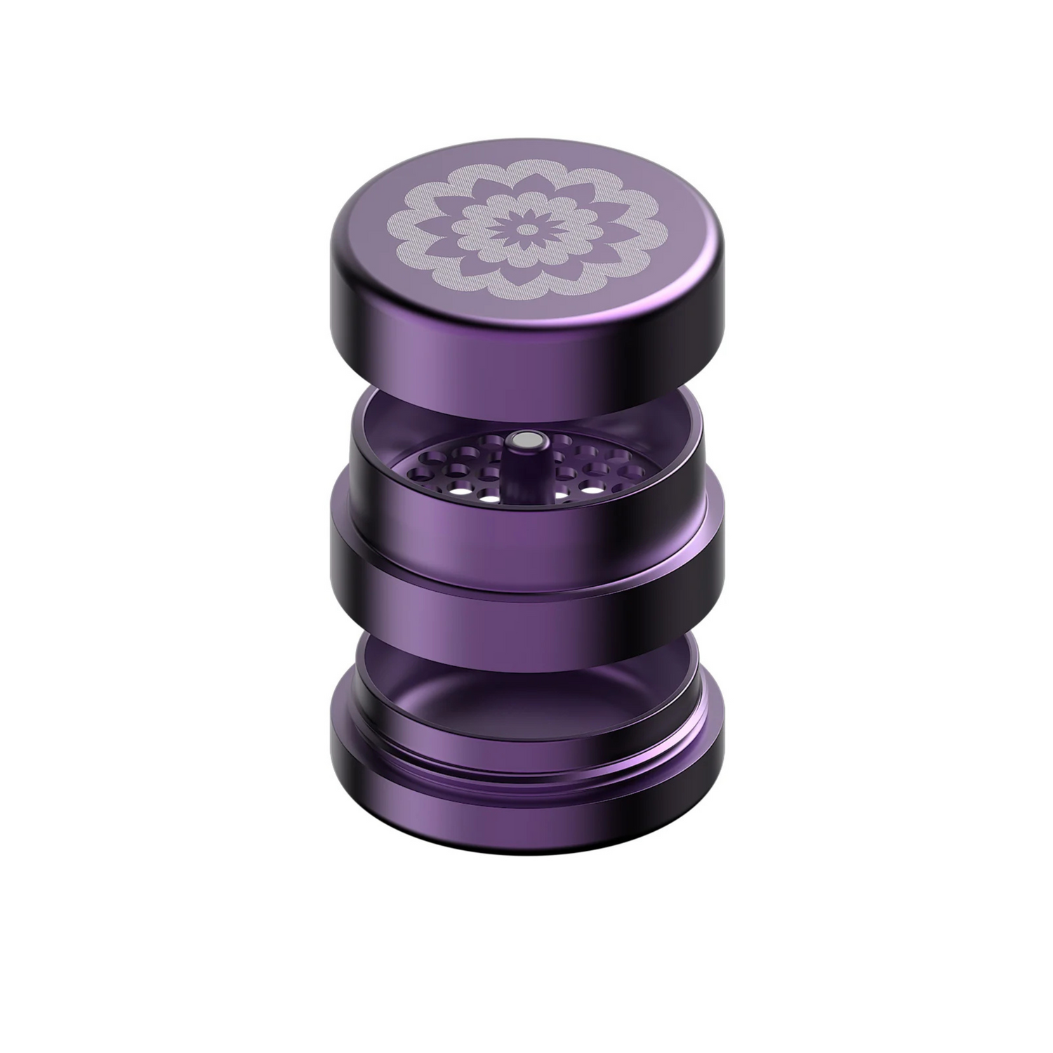 FlowerMill Grinder 64mm Purple mit Pollenfach Schnellverschluss Detail