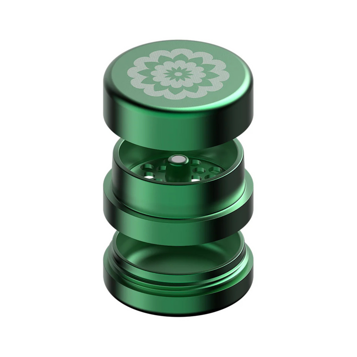 FlowerMill Grinder 51mm Grün alle Teile offen auseinandergelegt