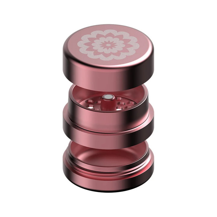 FlowerMill Grinder 51mm Pink alle Teile offen auseinandergelegt