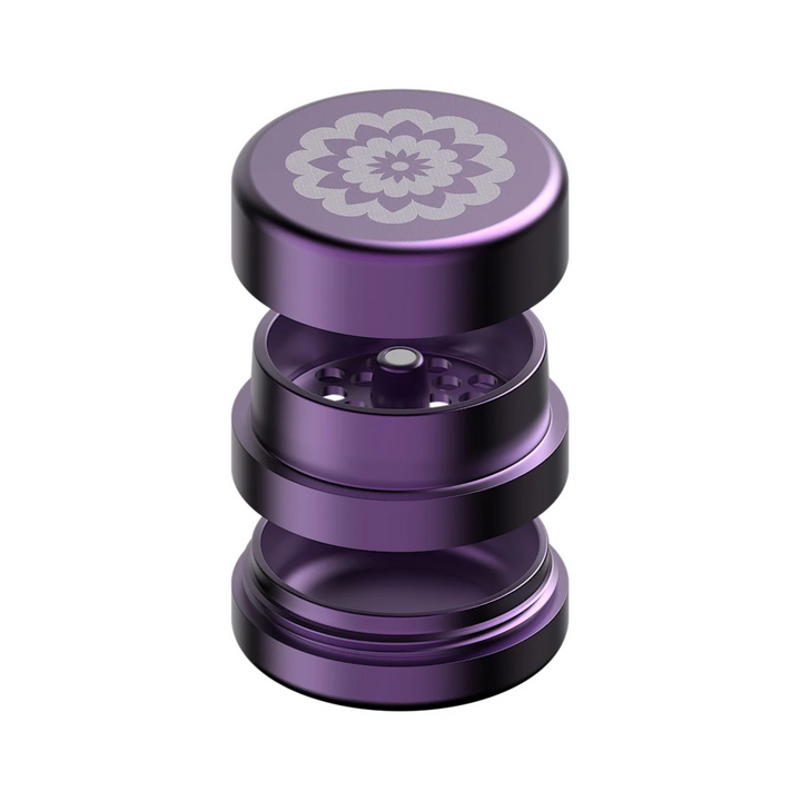 FlowerMill Grinder 51mm Purple alle Teile offen auseinandergelegt