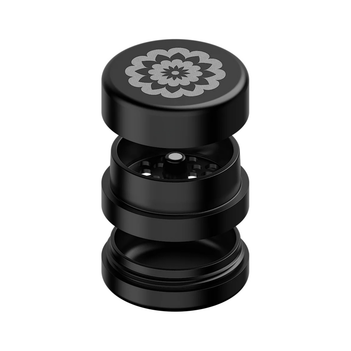 FlowerMill Grinder 51mm Schwarz alle Teile offen auseinandergelegt
