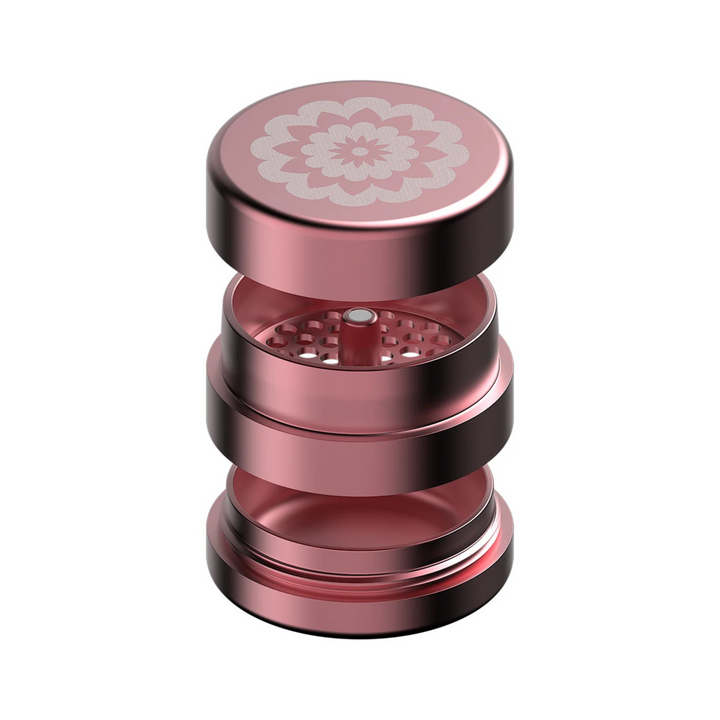 FlowerMill Grinder 64mm Pink alle Teile offen auseinandergelegt