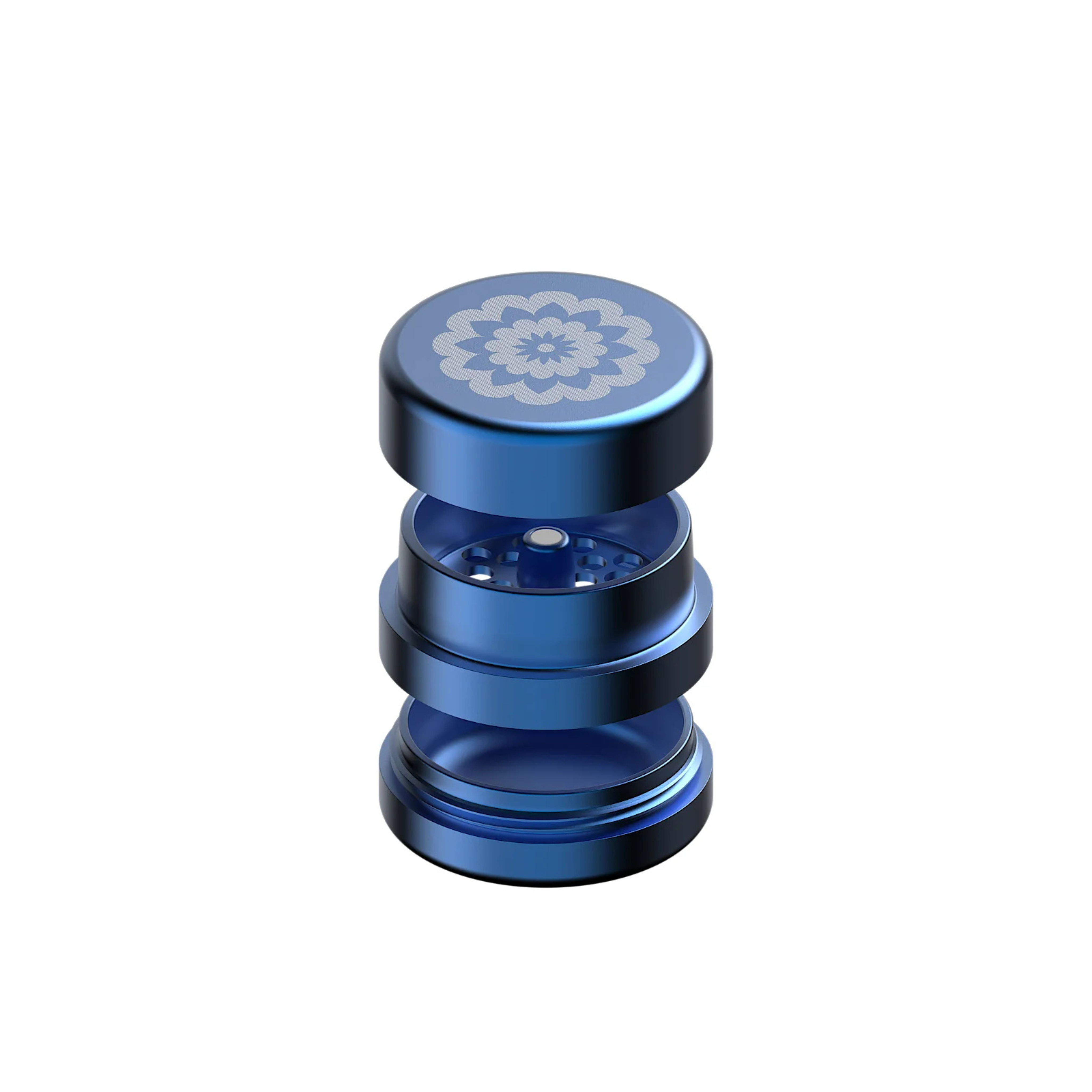 FlowerMill Grinder 51mm Blau alle Teile offen auseinandergelegt