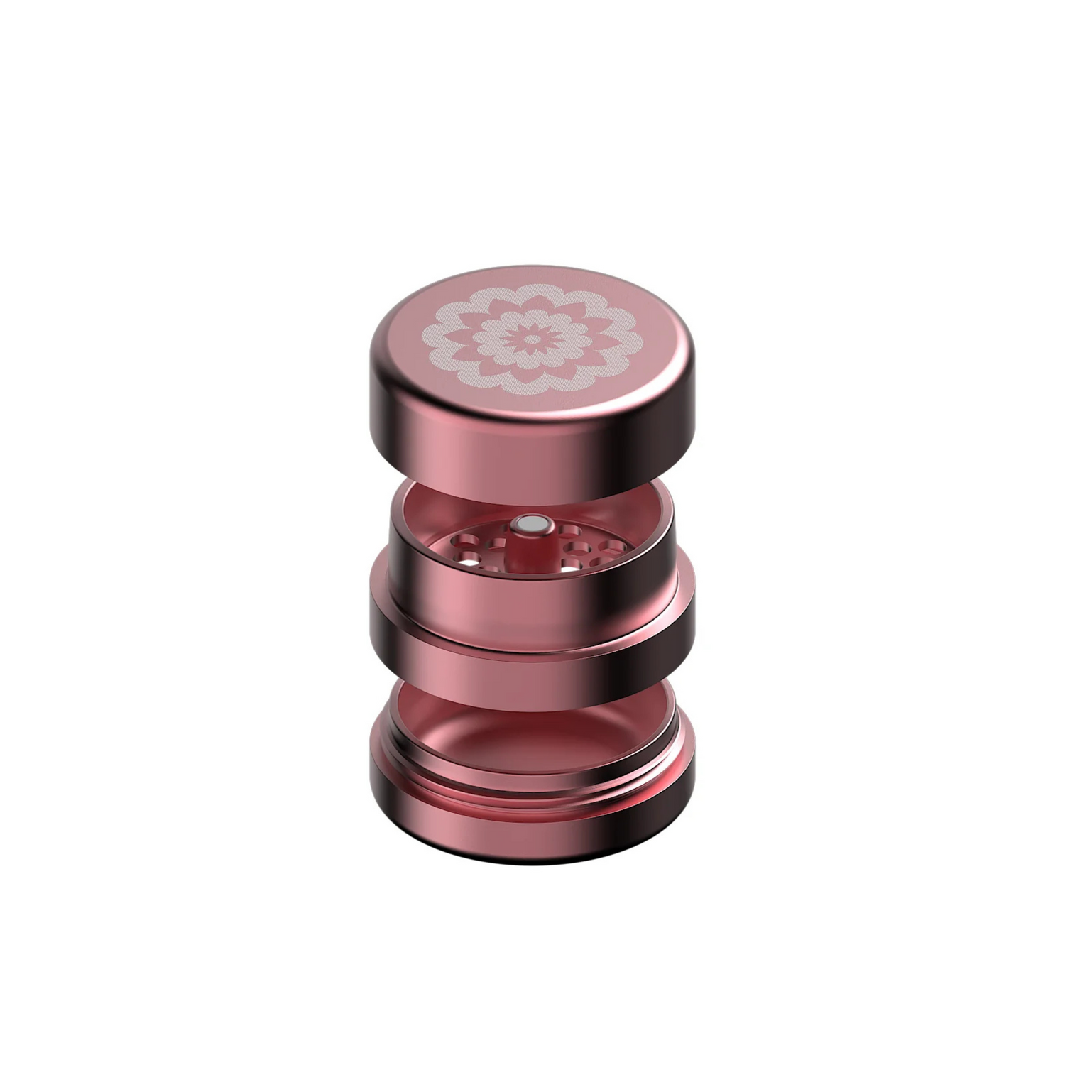 FlowerMill Grinder 51mm Pink alle Teile offen auseinandergelegt