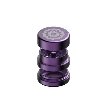 FlowerMill Grinder 51mm Purple alle Teile offen auseinandergelegt